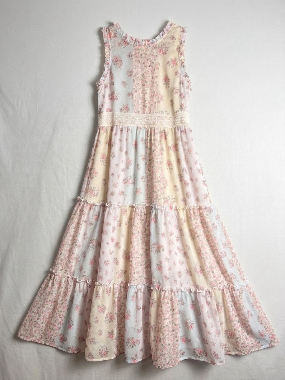 Girls' Pink & Cream Floral Tiered Maxi Dress